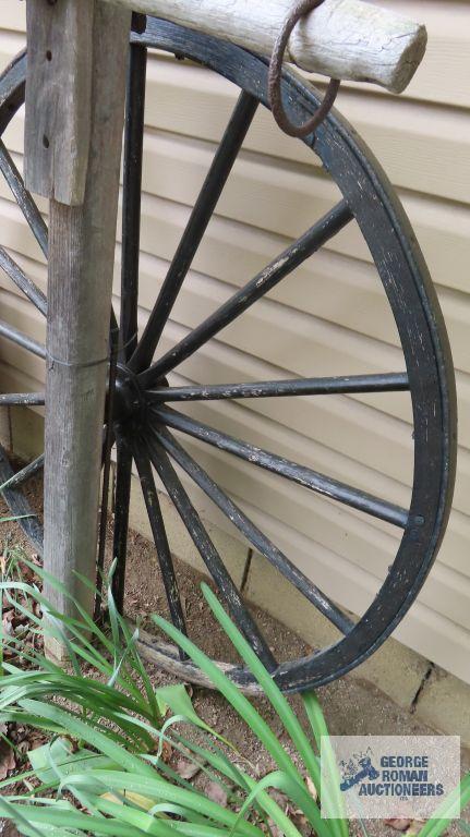 Double tree with antique wagon wheel