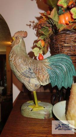 Wood carved rooster, chicken wall hanging, fall decorative basket, and candle