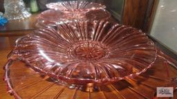 Pink glass serving dish and bowl and green glass salt shaker
