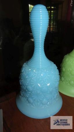 Blue and green bells, both marked Fenton