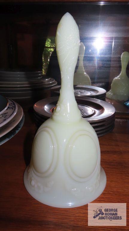 White butterfly hand-painted bell. green bell, no clapper. both marked Fenton.