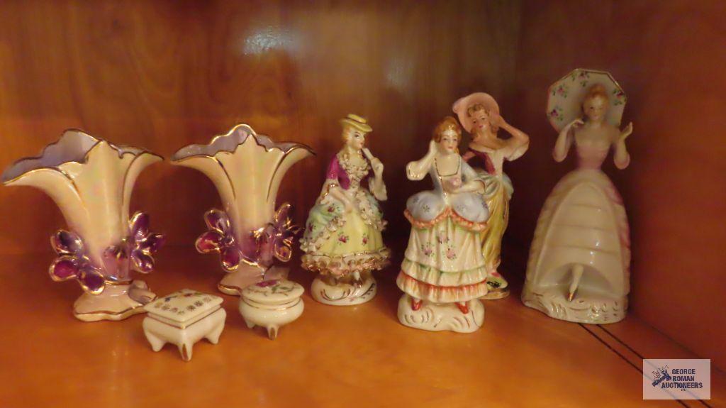 Victorian figurines, small trinket boxes, and vases