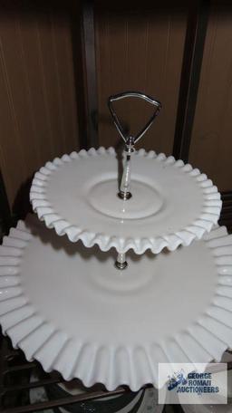 Milk glass two tiered cookie tray, creamer and sugar, and candle holders