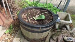 Wooden barrel planter with plastic insert