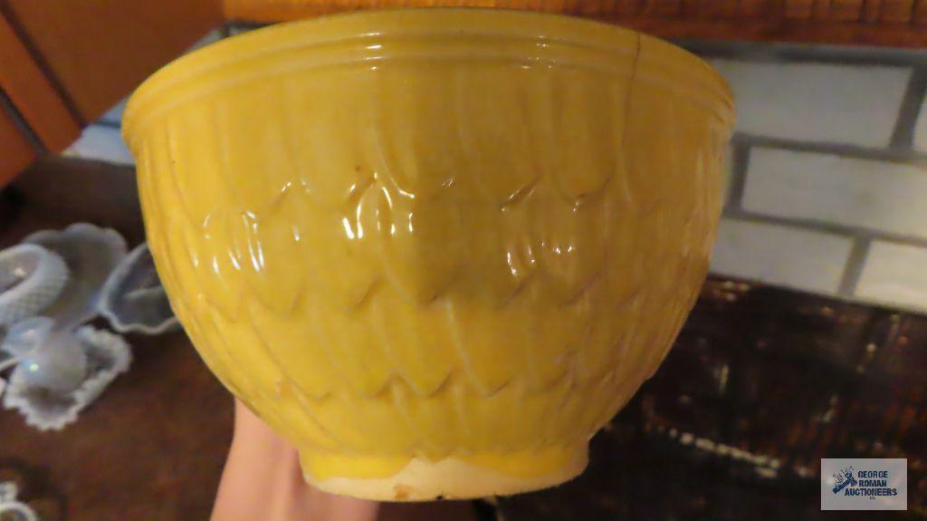 McCoy yellow mixing bowls, Roseville small crock, ovenware bowl