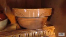 McCoy yellow mixing bowls, Roseville small crock, ovenware bowl