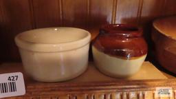 McCoy yellow mixing bowls, Roseville small crock, ovenware bowl