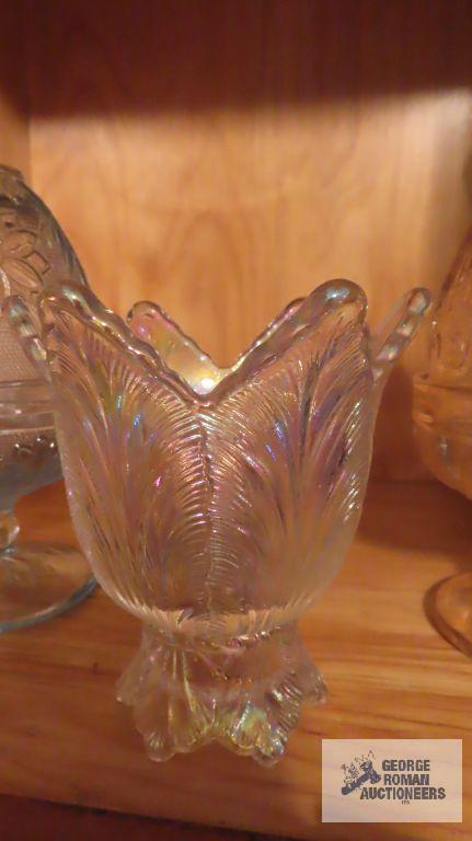 Blue and pink tinted glass candle holders and opalescent candle holder