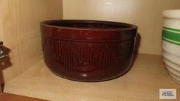 Oven serve bowl, pottery style green striped bowl, and brown ware bowl