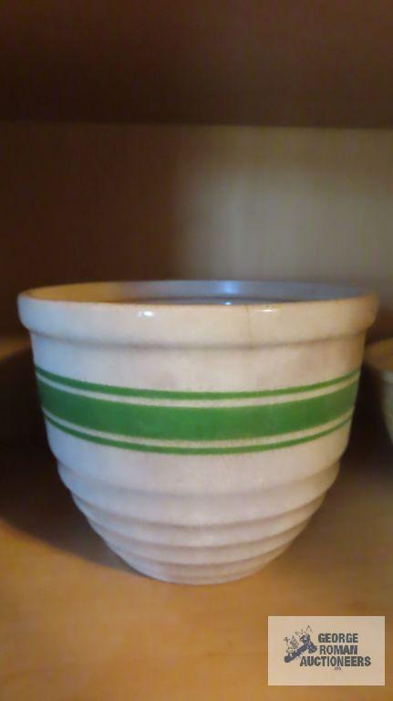 Oven serve bowl, pottery style green striped bowl, and brown ware bowl