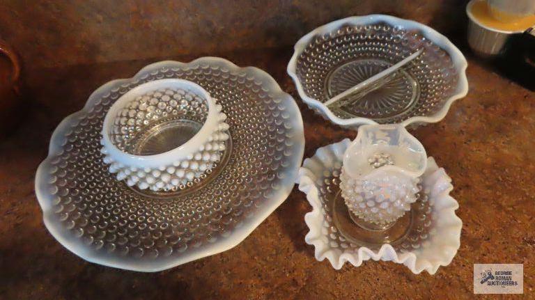 Hobnail frosted edge bowl, plate, divided dish, and small vase