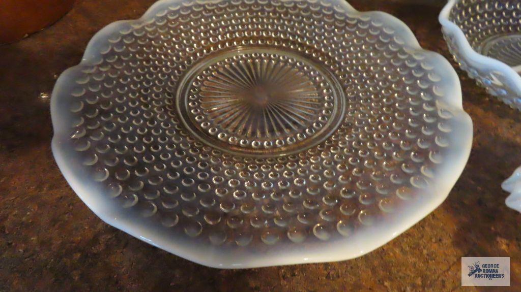 Hobnail frosted edge bowl, plate, divided dish, and small vase