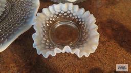 Hobnail frosted edge bowl, plate, divided dish, and small vase