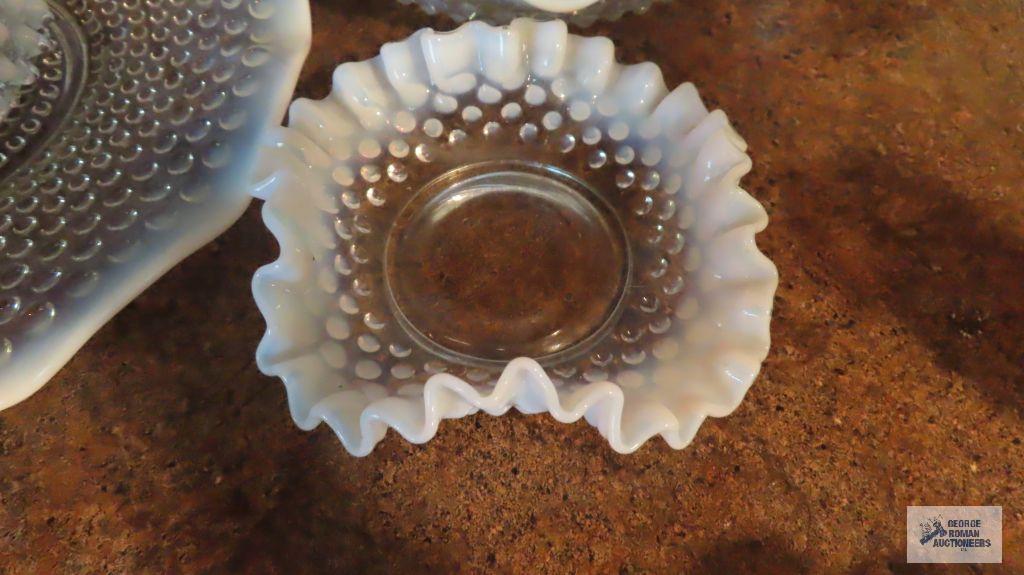 Hobnail frosted edge bowl, plate, divided dish, and small vase