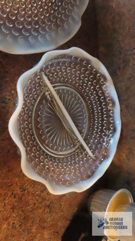 Hobnail frosted edge bowl, plate, divided dish, and small vase