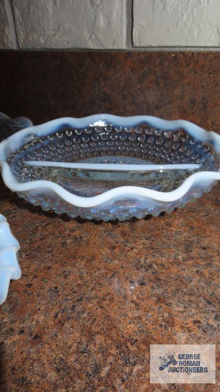 Hobnail frosted edge bowl, plate, divided dish, and small vase