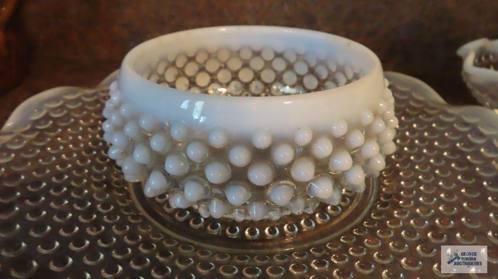 Hobnail frosted edge bowl, plate, divided dish, and small vase