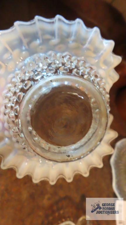 Hobnail frosted edged divided dishes, handle dishes, and basket