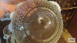 Hobnail frosted edged divided dishes, handle dishes, and basket