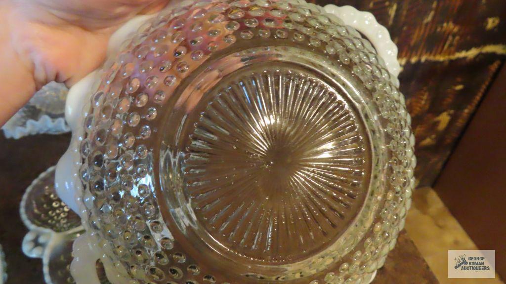 Hobnail frosted edged divided dishes, handle dishes, and basket