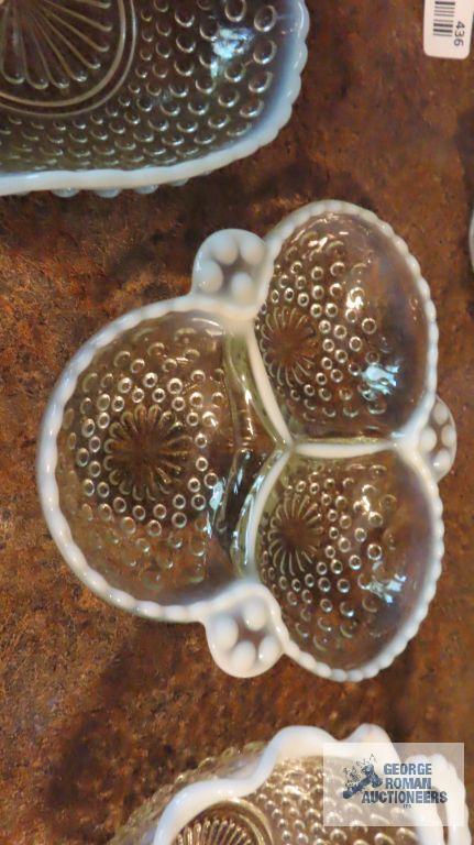 Hobnail frosted edged divided dishes, handle dishes, and basket