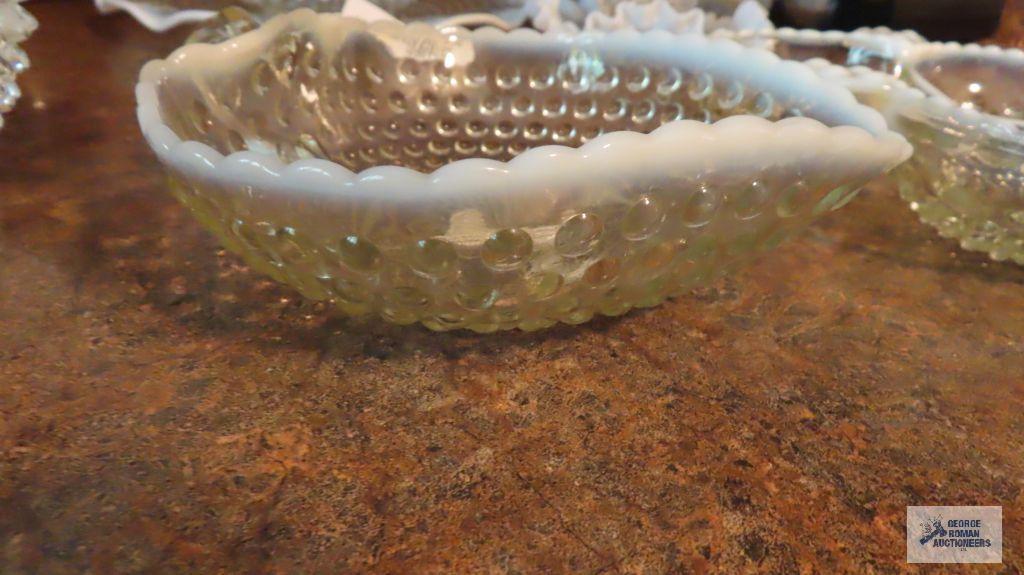 Hobnail frosted edged divided dishes, handle dishes, and basket