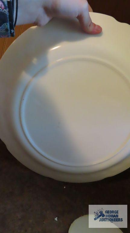 Milk glass platter, vase, glass divided plate, and plastic ware