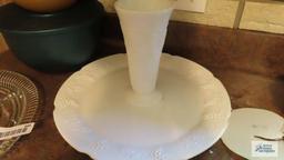 Milk glass platter, vase, glass divided plate, and plastic ware