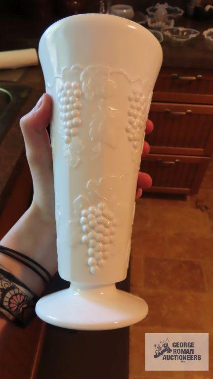 Milk glass platter, vase, glass divided plate, and plastic ware