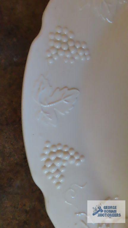 Milk glass platter, vase, glass divided plate, and plastic ware