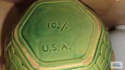 Green party style bowl, marked 103/-USA, has cracks