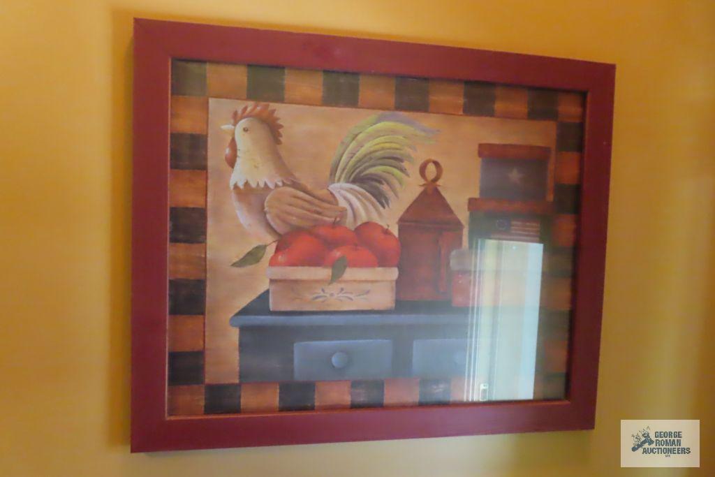 Rooster print and woven wall hanging