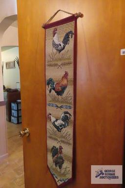 Rooster print and woven wall hanging