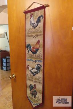 Rooster print and woven wall hanging