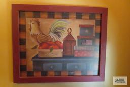 Rooster print and woven wall hanging