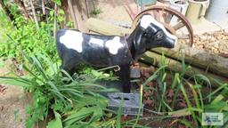 cow concrete figurine, cow crossing sign, and bell. Approximately 2.5 foot tall