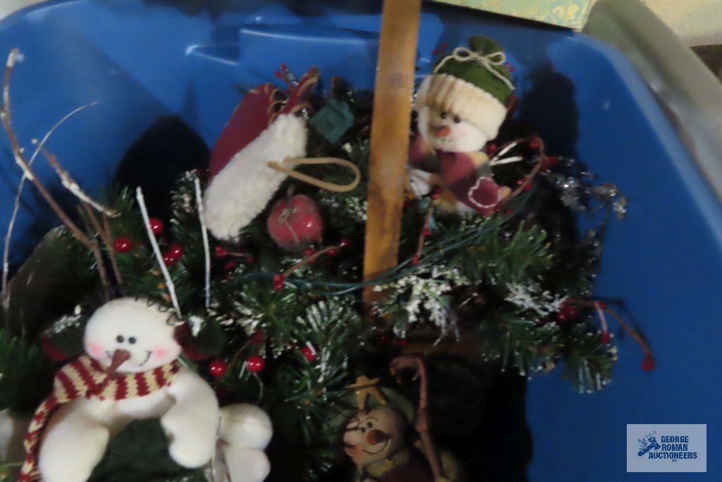 Tote with snowman decorations, snowman ornaments, wax burners, wind chimes, etc