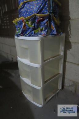 Three drawer plastic storage cabinet and crafting bucket