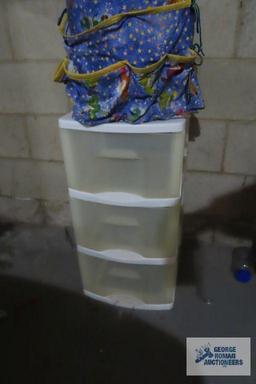 Three drawer plastic storage cabinet and crafting bucket