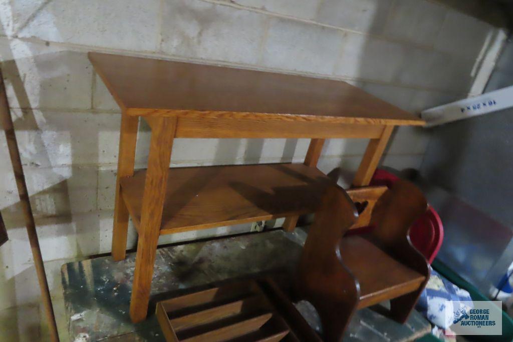 Wooden work table, children's bench, and sofa table