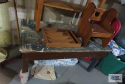 Wooden work table, children's bench, and sofa table