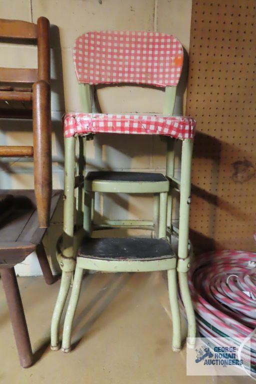 Costco convertible step stool, children's wooden chair, plant stand, and other table