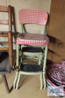 Costco convertible step stool, children's wooden chair, plant stand, and other table