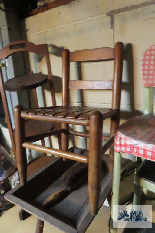 Costco convertible step stool, children's wooden chair, plant stand, and other table