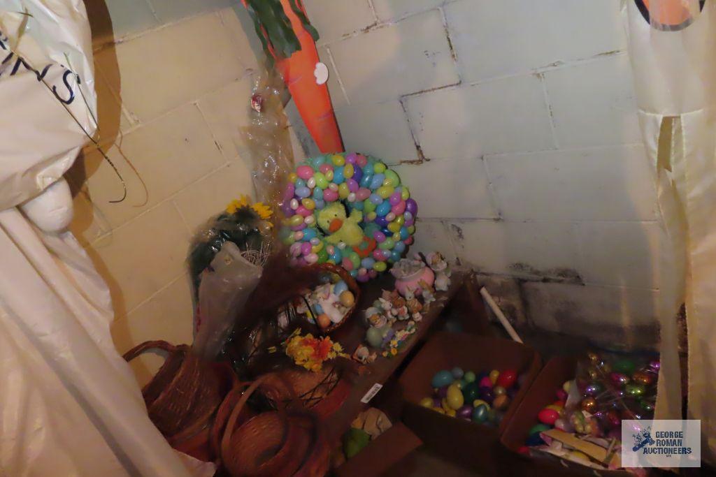 Easter decorations and plastic eggs with baskets