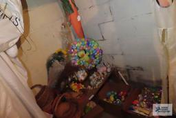 Easter decorations and plastic eggs with baskets