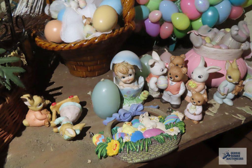 Easter decorations and plastic eggs with baskets