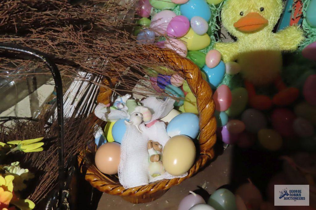 Easter decorations and plastic eggs with baskets