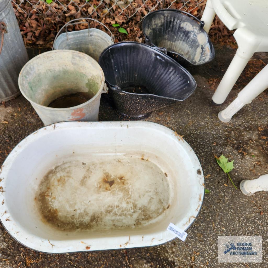 Lot of metal buckets, coal...buckets and enamelware wash tub