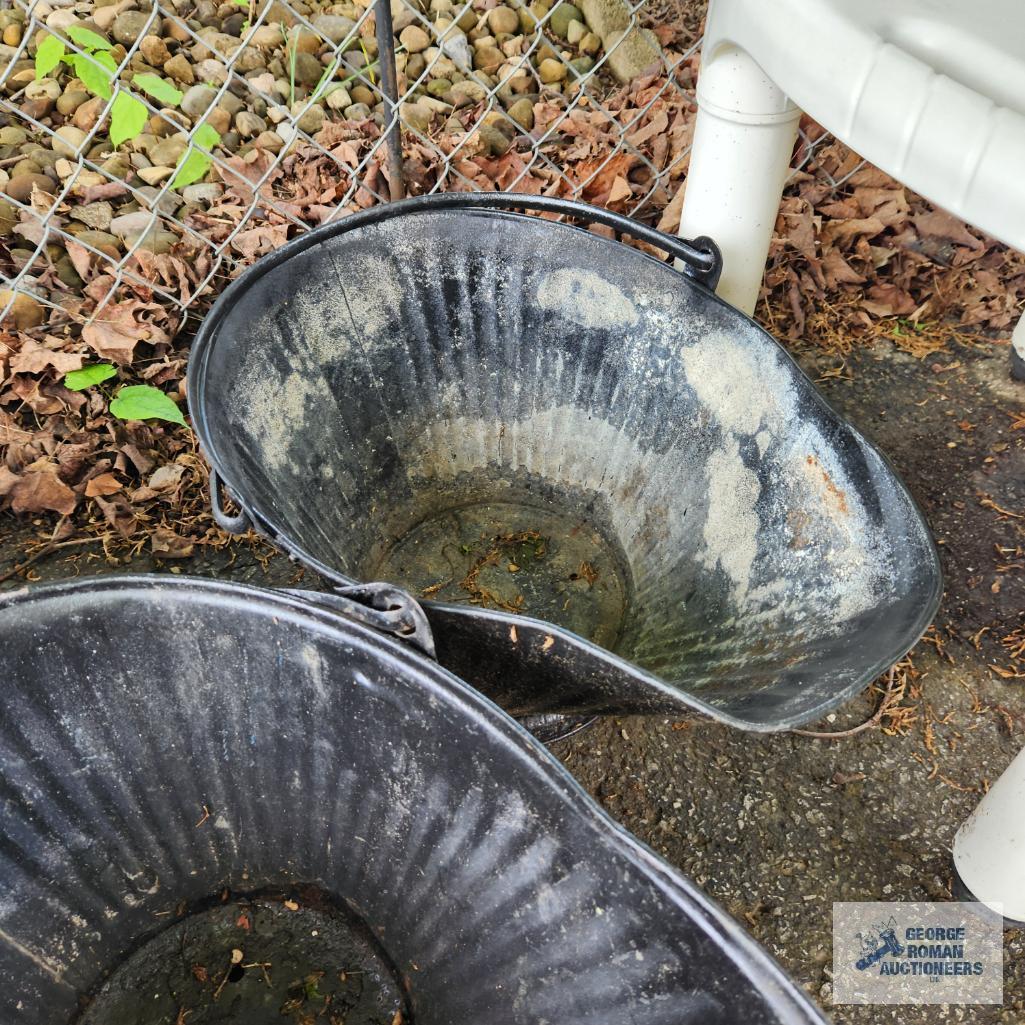 Lot of metal buckets, coal...buckets and enamelware wash tub